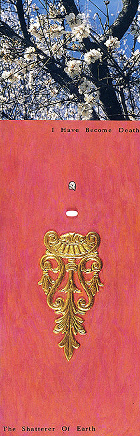 <br/>Almonds And Viramune, 1998<br/>28<span>½</span>" x 9<span>½</span>" x 1<span>½</span>"<br/>acrylic, photograph, gold leaf, Viramune and lettering on wood
